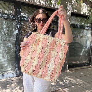 Ръчно плетена шопинг чанта от рафия в стил Valentino, оранжево-бежова